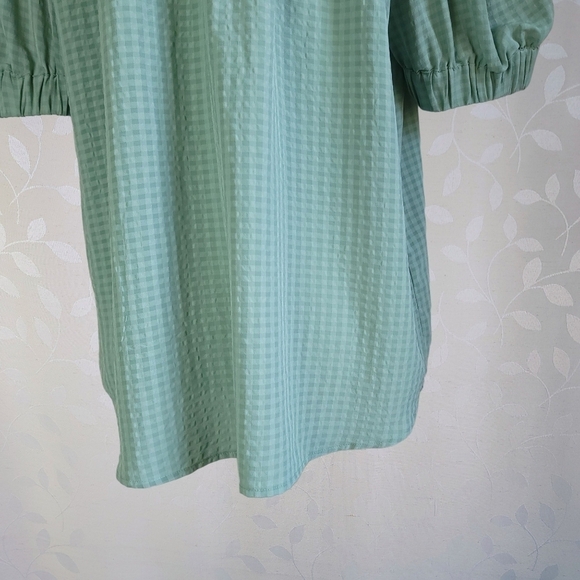 Ann Taylor Gingham Pattern Shirred Ruffle Puff Sleeve Prairie Top Sage Green M - Picture 10 of 12